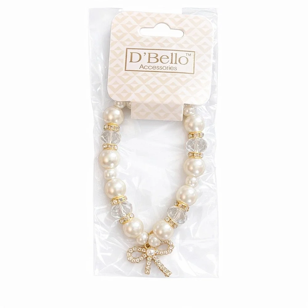 D'Bello White Pearl Beaded Stretch Charm Bracelet‎ Rhinestone Womens Jewelry NEW
